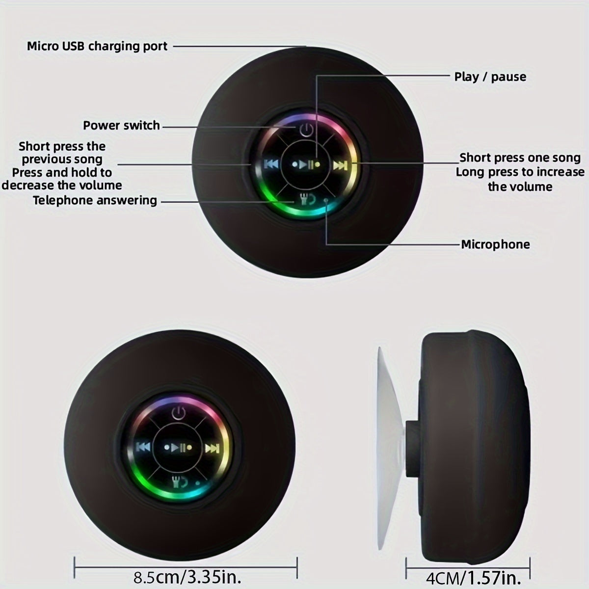 Mini trådlös högtalare med LED & sugkopp